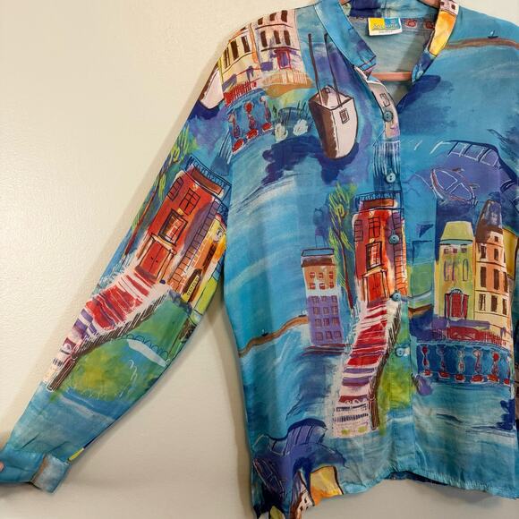 Sea Suns Blouse XL Vintage Vacation Italy Button Up Long Sleeves Blue USA - Picture 3 of 10